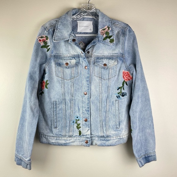 Olivaceous Jackets & Blazers - Olivaceous Embroidered Floral Denim Jacket -Medium